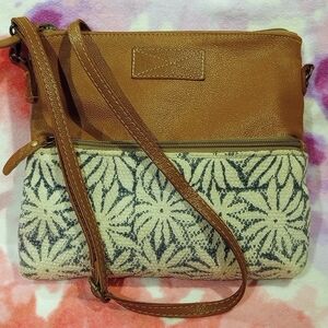 Myra Bag Tan Crossbody with Patterned Cream Front Panel